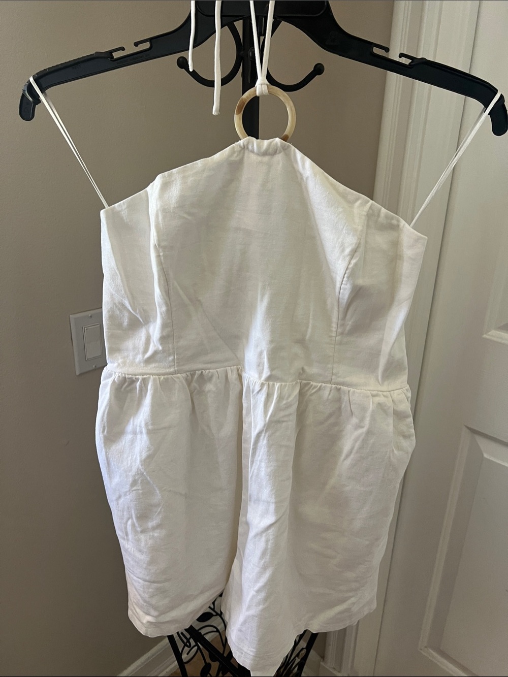 Old Navy White Linen Halter Romper with Wood Ring